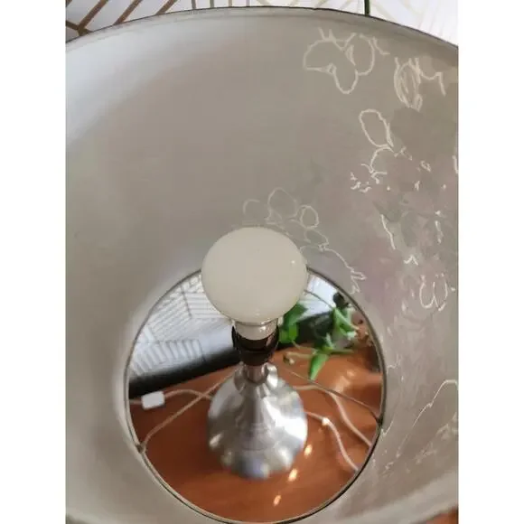 Vintage Early 2000s Brushed Chrome Lamps With Black And Purple Floral Shades - Picture 8 of 11